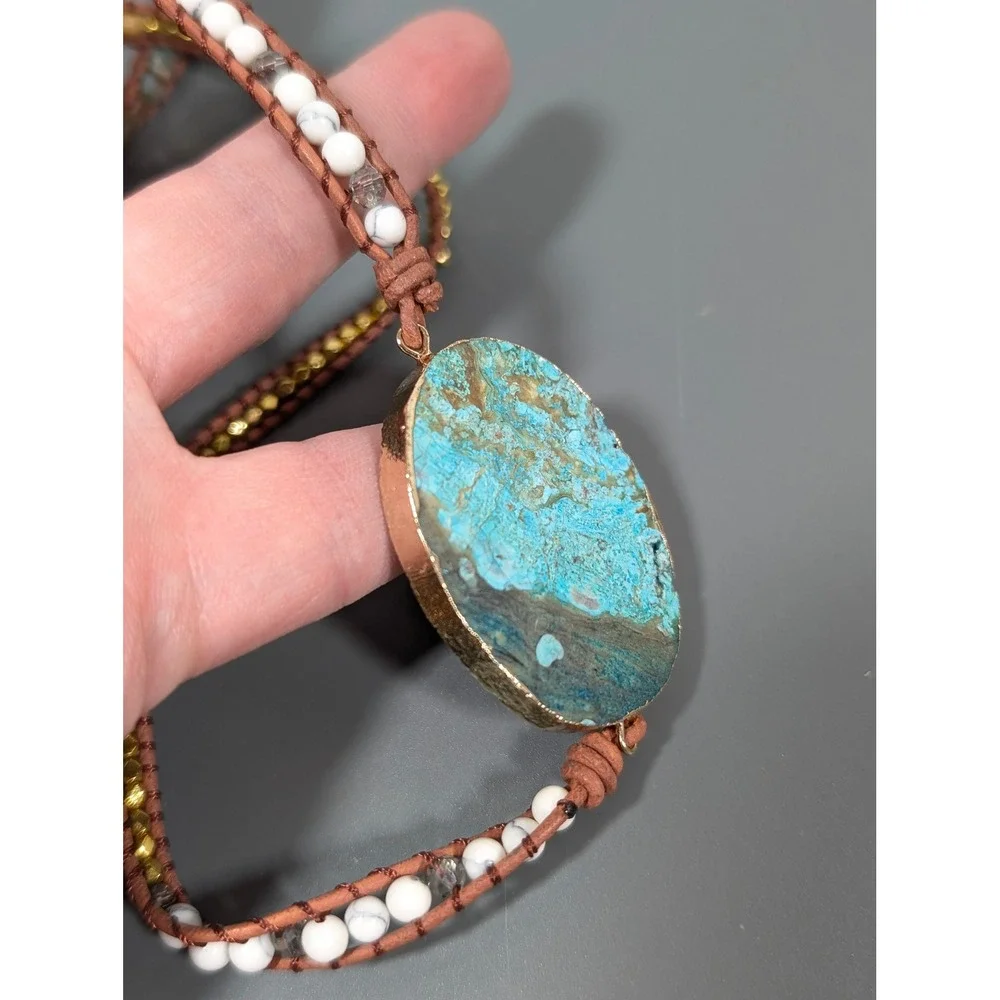 Blue Stone Wrap Bracelet Necklace Convertible Beaded Glass Stone Boho 37